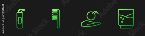 Set line Apple in hand, Spray can for hairspray, Hairbrush and Glass with water. Gradient color icons. Vector