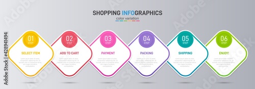 Concept of shopping process with 6 successive steps. Six colorful graphic elements. Timeline design for brochure, presentation, web site. Infographic design layout.
