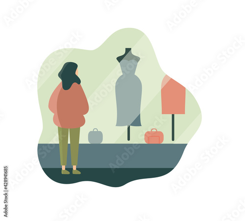 Poor woman admiring expensive dress in shop window