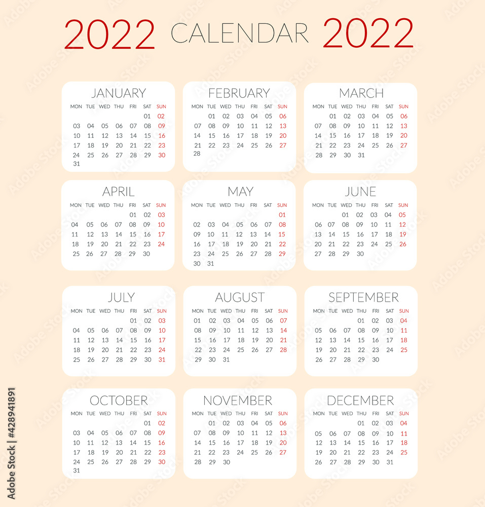 Calendar 2022 grid on english. Monthly planner with week. Minimalistic year planner template with months, date, week. Diary tamplate Calendar 2022 grid on english. Monthly planner with week. Minimalistic year planner template with months, date, week. Diary tamplate