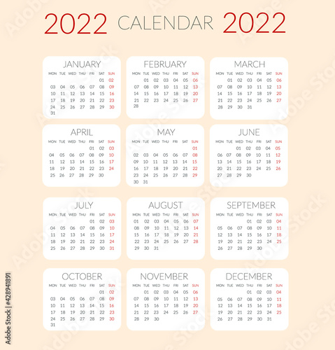 Calendar 2022 grid on english. Monthly planner with week. Minimalistic year planner template with months, date, week. Diary tamplate