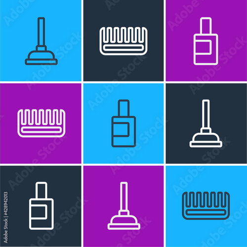 Set line Rubber plunger, Bottle for cleaning agent and Hairbrush icon. Vector