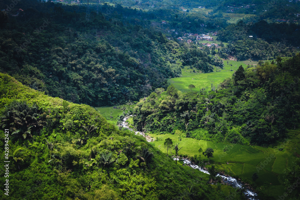 Aerial landscape photography. Splendid summer view from flying drone of mountain valley view in Indonesia