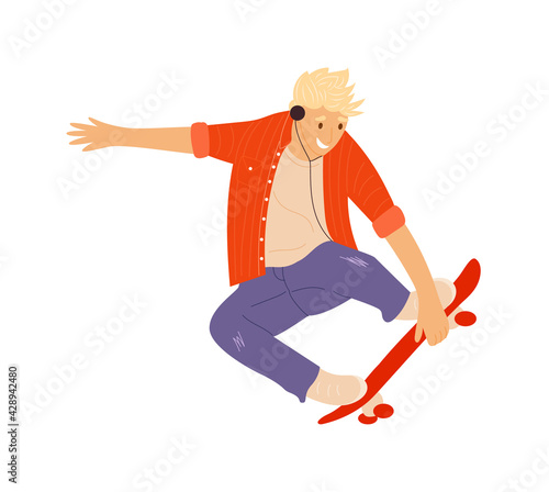 Young skateboarder jumping doing trick isolated on white