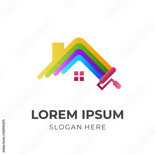 repair house logo, house and paint, combination logo with 3d colorful style