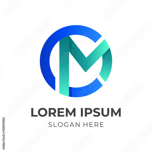 monogram CM logo design with 3d green and blue color style