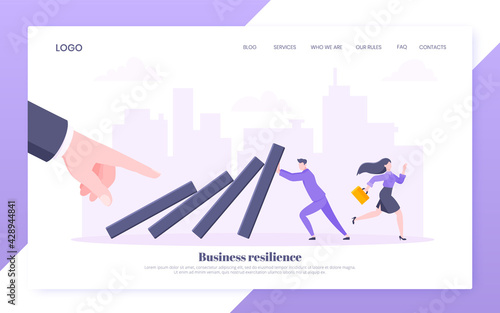 Business resilience or domino effect metaphor vector illustration. Giant hand starts chain reaction of falling domino line and businessman trying to stop it. Problem solving stopping chain reaction.