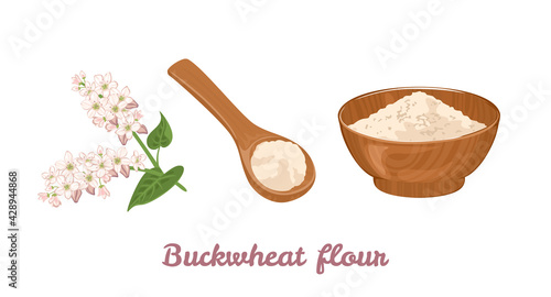 Buckwheat flour in a wooden bowl, spoon and flowering plant isolated on white. Vector illustration of healthy food in cartoon flat style.