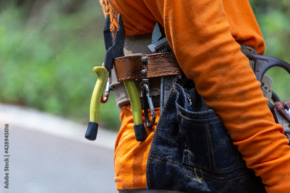 close-up pliers, electrician work tool equipment, attached around the electrician's waist Editing equipment for electric power poles close-up pliers, electrician work tool equipment, attached around the electrician's waist Editing equipment for electric power poles