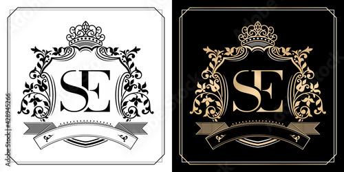SE royal emblem with crown, initial letter and graphic name Frames Border of floral designs with two variation colors, SE Monogram, for insignia, initial letter frames, wedding couple name