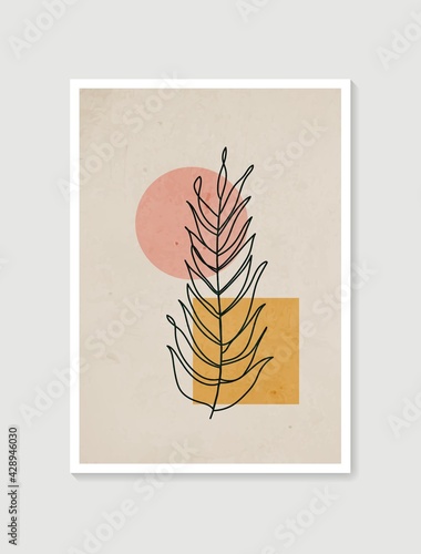 Botanical wall art vector. Minimal and natural wall art. Boho foliage line art drawing with abstract shape. Abstract Plant Art design for print, wallpaper, cover. Modern vector illustration.