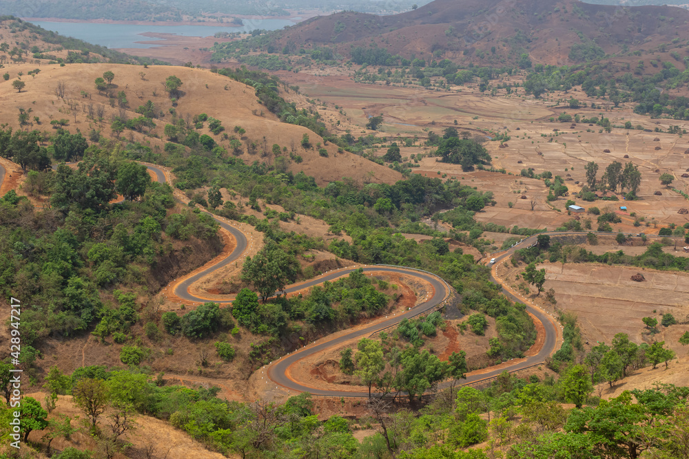 Winding Vishalgad roads near Gelavade Dam, Ratnagiri, Maharashtra, India.