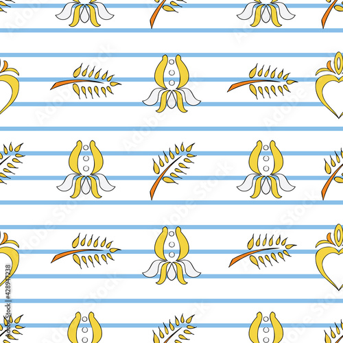 Vector white background blue stripes lines, Brittany celtic, Breton trational folklore symbols seamless pattern. Seamless pattern background