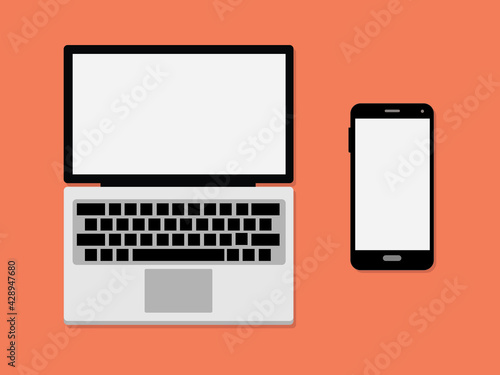 Laptop and mobile phone inn orange background. Mock up. Vector illustration