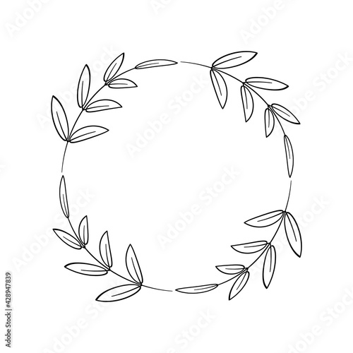Laurel wreath of four branches with leaves. Simple frame for logo, tags, farmhouse decorations. Floral border in doodle style. Contour drawing in black. Vector illustration isolated on white 