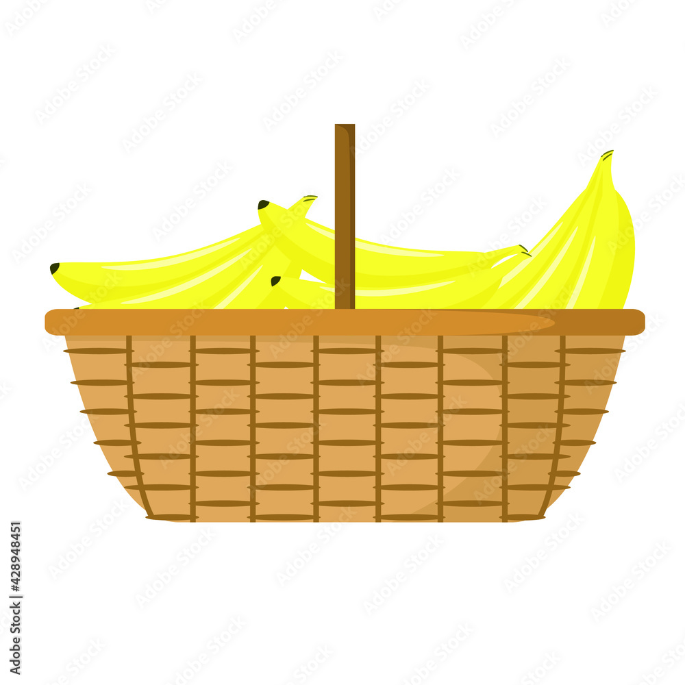 Obraz premium Wicker basket with ripe bananas on a white background