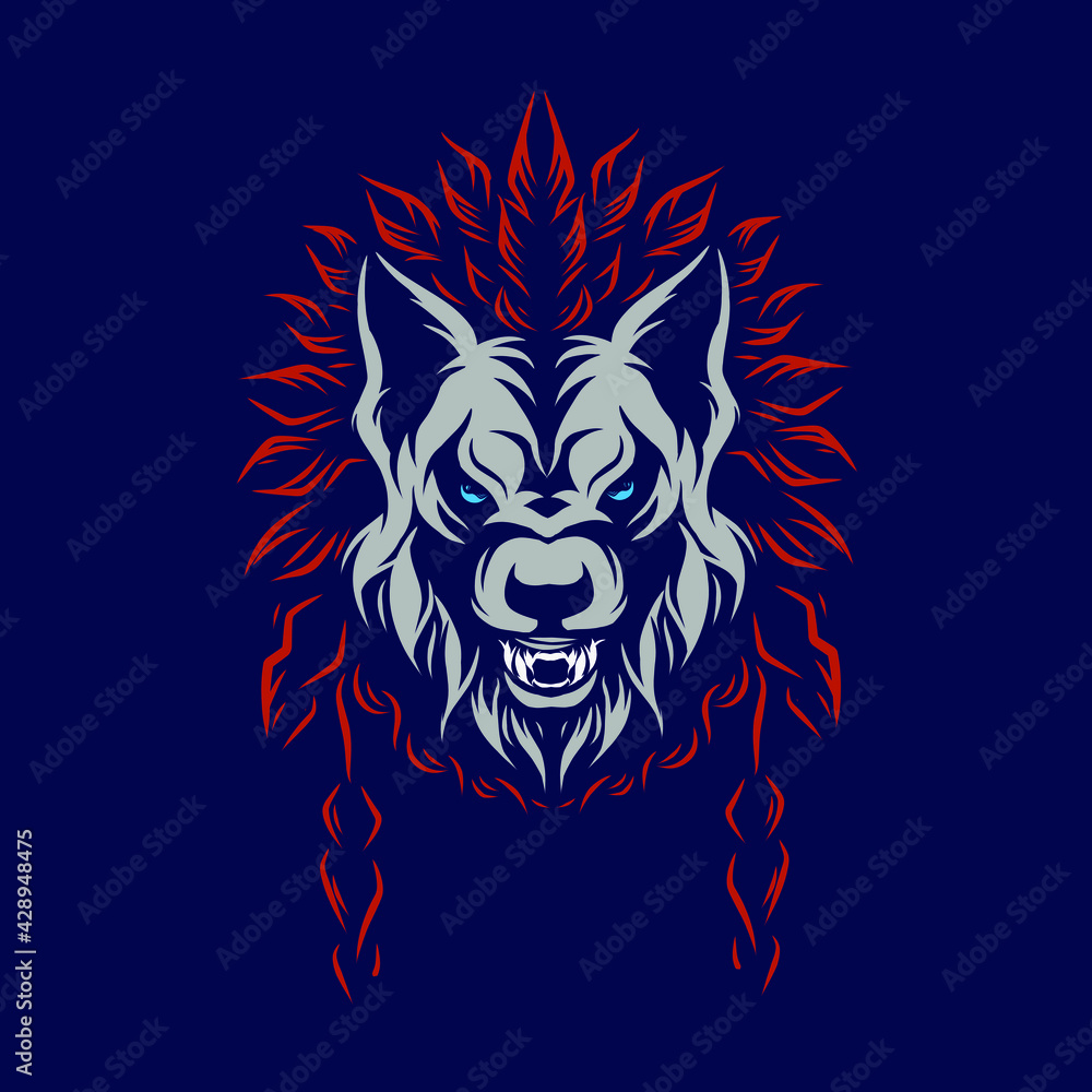 Indian Wolf beast unique line pop art potrait logo colorful design with dark background. Abstract vector illustration