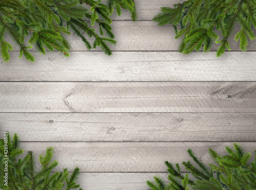 Green Christmas tree branches on grey wooden background