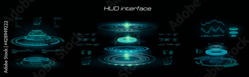 HUD interface with holographic portals. Interactive digital panel for user interface HUD, GUI, UI. Portals with neon glow. HUD element set