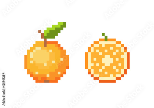 Pixel art orange icon set. Pixel retro game orange and half orange icons. 8 bit or 16 bit style orange icon for game or web design. Flat cute pixel fruit vector.