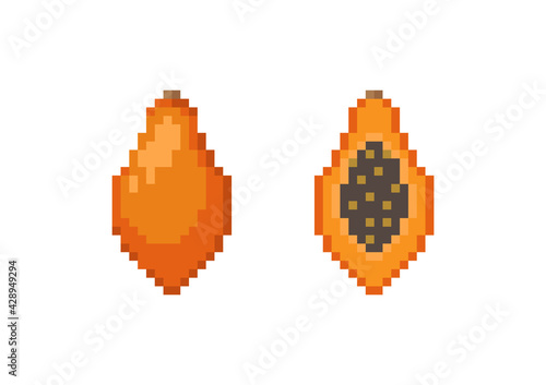 Pixel art orange papaya icon set. Pixel retro game papaya and half papaya icons. 8 bit or 16 bit style papaya icon for game or web design. Flat cute pixel fruit vector.
