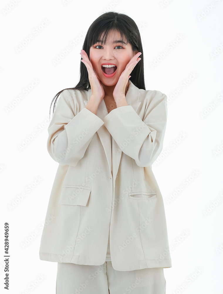 Young asian business woman posing to camera in gesture for advertising, presenting or demonstrate something with cheeful and positive action, isolated on white background Young asian business woman posing to camera in gesture for advertising, presenting or demonstrate something with cheeful and positive action, isolated on white background