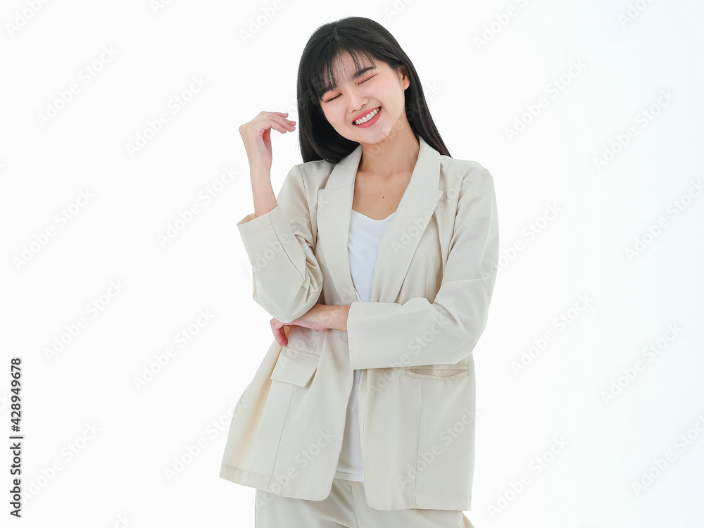 Young asian business woman posing to camera in gesture for advertising, presenting or demonstrate something with cheeful and positive action, isolated on white background Young asian business woman posing to camera in gesture for advertising, presenting or demonstrate something with cheeful and positive action, isolated on white background