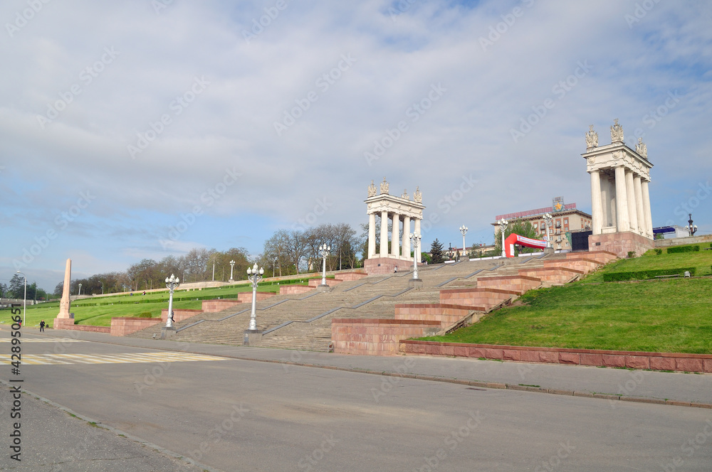 Stairs on the embankment of Volgograd. Russia