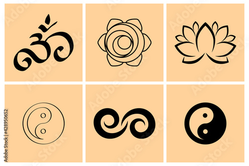 Yoga symbols. Oriental design element. Hand drawn set icon. Doodle vector stock illustration. EPS 10