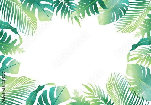 夏のモンステラやヤシの葉など数種類のトロピカルなベクターイラストフレーム(コピースペース,水彩風)
