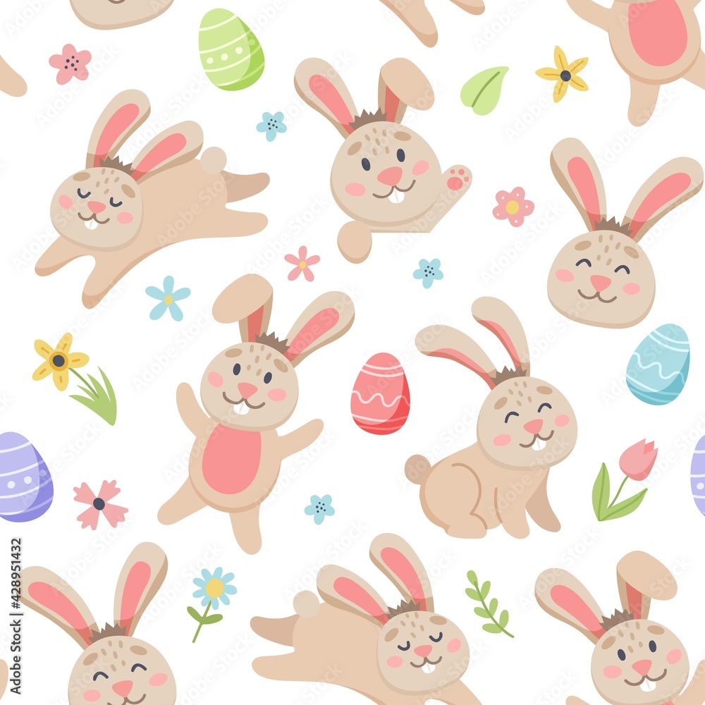Easter spring pattern with cute bunnies, eggs, birds, bees, butterflies. Hand drawn flat cartoon elements. illustration Easter spring pattern with cute bunnies, eggs, birds, bees, butterflies. Hand drawn flat cartoon elements. illustration