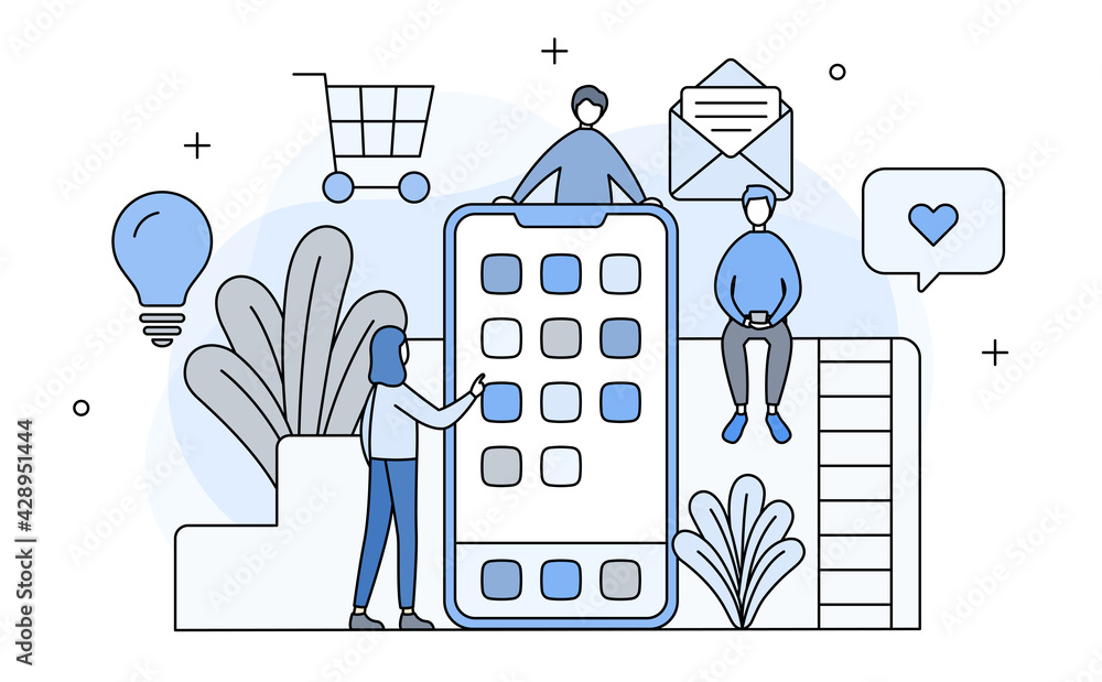 スマホと人のイラスト スマートフォン アプリ イメージ ビジネス Sns ネットショッピング Stock Vektorgrafik Adobe Stock