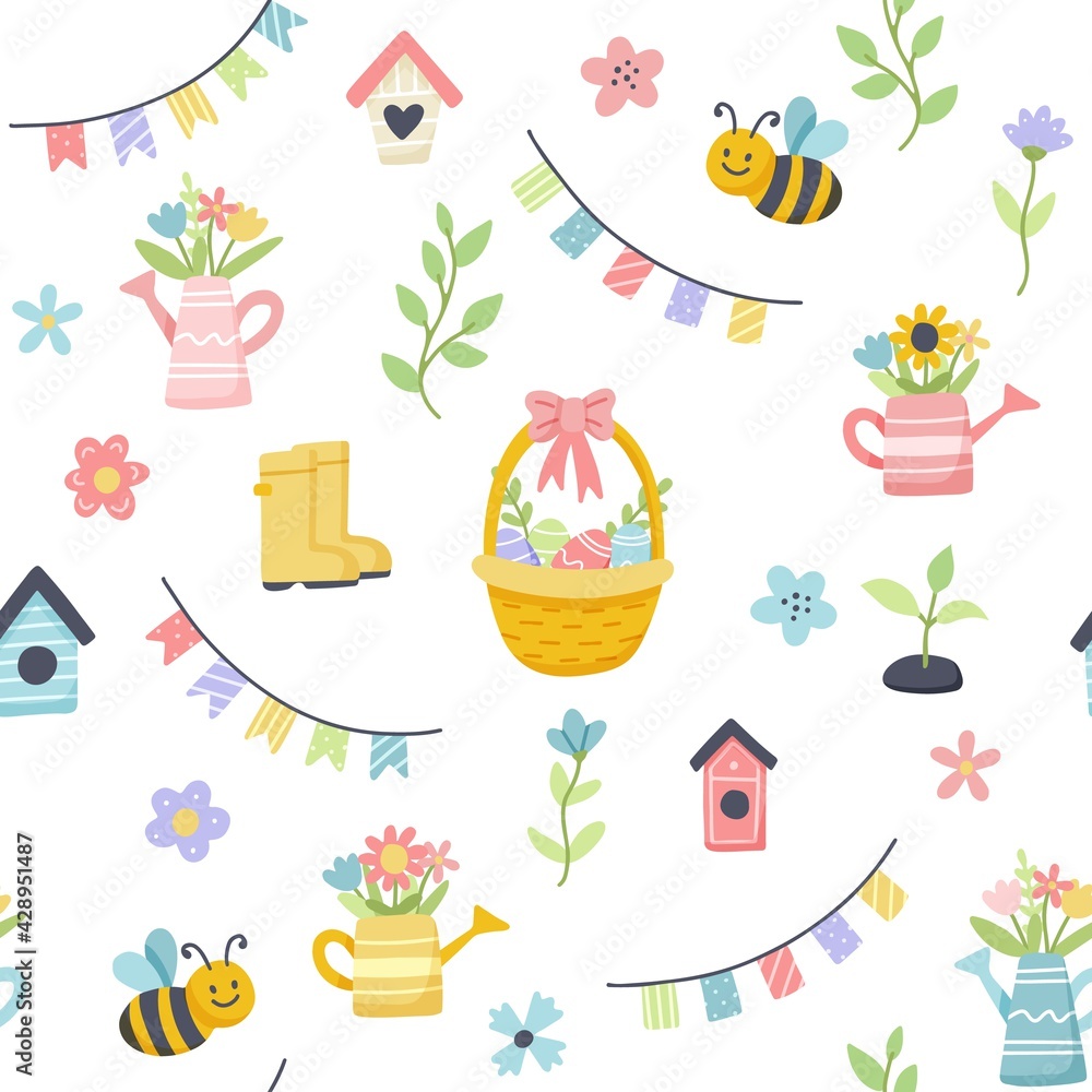 Easter spring pattern with cute eggs, flowers, bees. Hand drawn flat cartoon elements. illustration Easter spring pattern with cute eggs, flowers, bees. Hand drawn flat cartoon elements. illustration