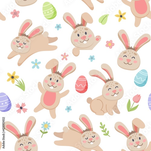 Easter spring pattern with cute bunnies, eggs, birds, bees, butterflies. Hand drawn flat cartoon elements. illustration