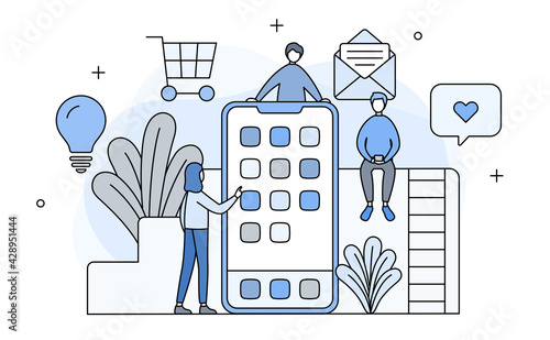 スマホと人のイラスト　スマートフォン　アプリ　イメージ　ビジネス　SNS　ネットショッピング