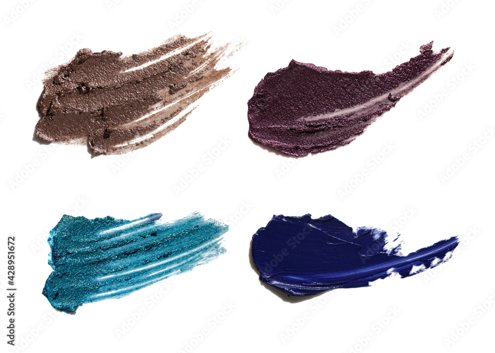 Smeard assortment metallic brown purple blue liquid eye shadow or gel eye liner textures smudge isolated on white - obrazy, fototapety, plakaty 