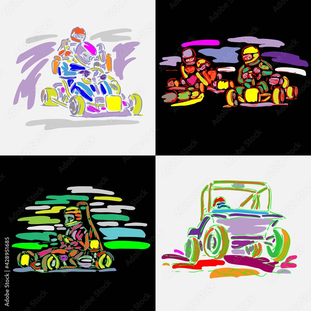 Cart racing in watercolor outline style Sketch Cart racing in watercolor outline style Sketch