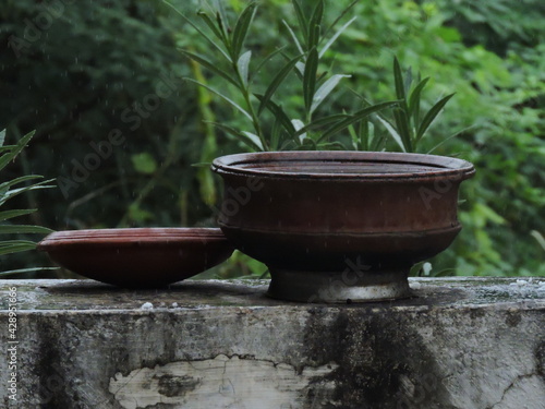 earthen pot with water in the garden