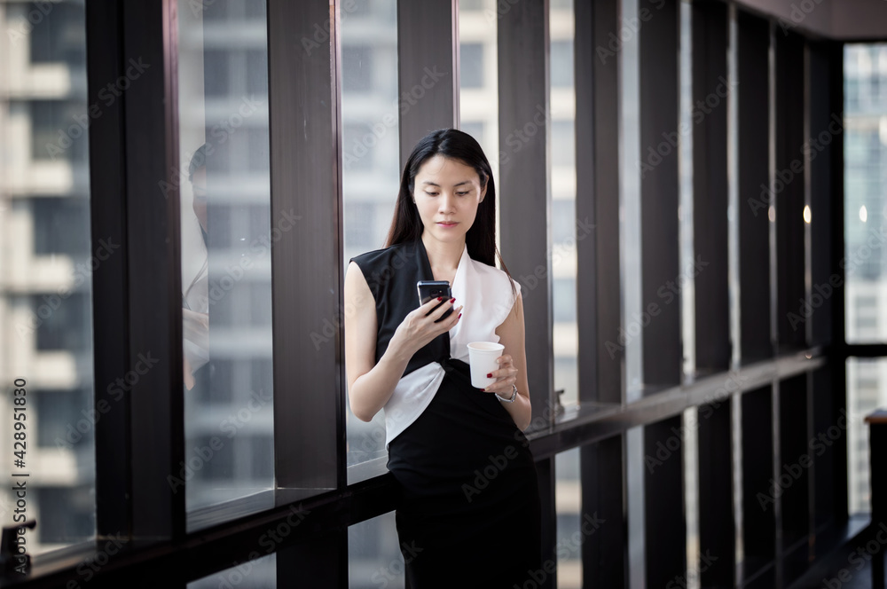portrait of a business woman standing by window looking on mobile phone. portrait of a business woman standing by window looking on mobile phone.