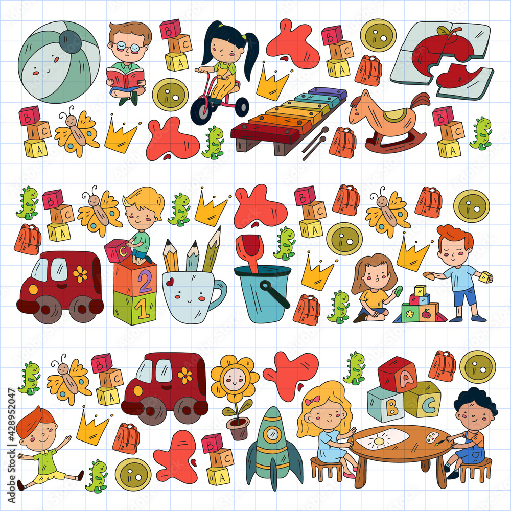 Fototapeta premium Kindergarten pattern with little children and toys. Creativity and imagination.
