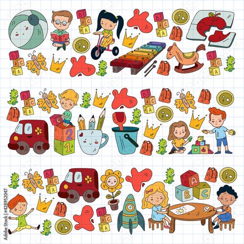 Kindergarten pattern with little children and toys. Creativity and imagination.