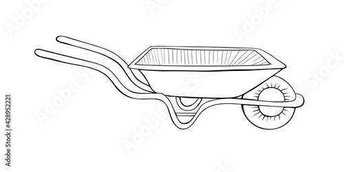 Garden wheelbarrow in hand drawn doodle style isolated on white background. Vector outline illustration. Gardening element. Tools for working on the farm, in the dacha, country site