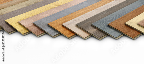 Different variations of laminate wooden planks on white background, 3d illustration