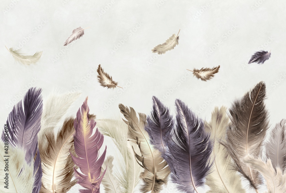Colored feathers. Photo wallpaper, beautiful picture for the wall. Abstract drawing with feathers.