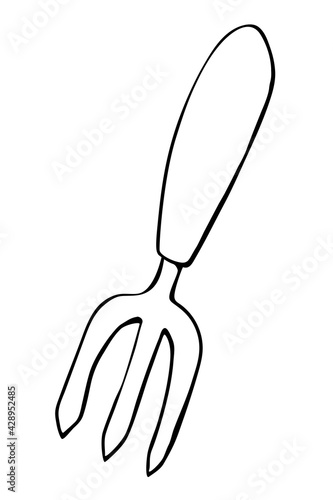 Hoe like fork. Hand drawn outline vector illustration in doodle style, isolated. Gardening element. Tools for working in the garden, on the farm, in the dacha, country site