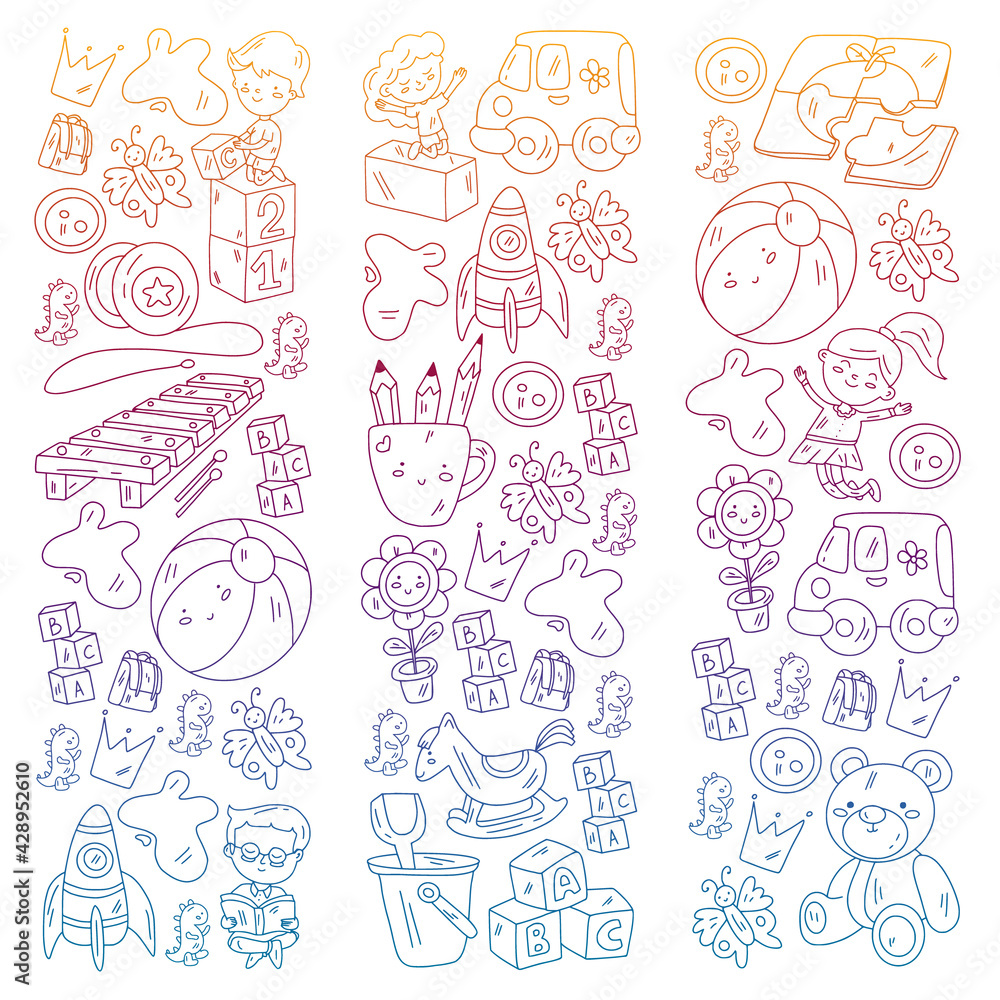 Kindergarten pattern with little children and toys. Creativity and imagination. Kindergarten pattern with little children and toys. Creativity and imagination.