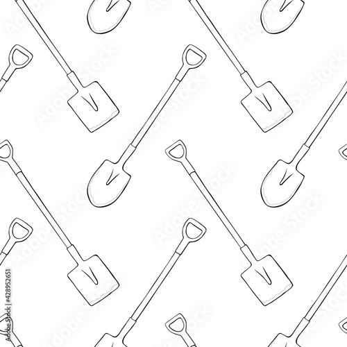 Seamless pattern with garden shovels, spades, scoops. Vector backgrounds and textures with tools for working on the farm, in dacha, country site in flat doodle style. Hand drawn isolated illustration