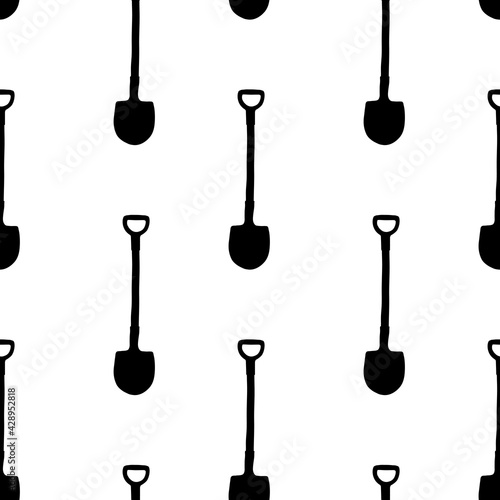 Seamless pattern with garden shovels, spades, scoops. Vector backgrounds and textures with tools for working on the farm, in dacha, country site in flat doodle style. Hand drawn isolated illustration