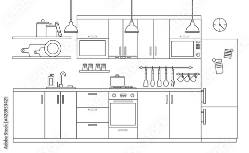 Modern kitchen interior with furniture in linear style. Architectural sketch dining room with utensil tool equipment and household appliances.Hand draw black contour lines on white vector illustration