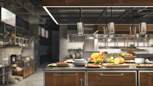 Принти на полотні Restaurant kitchen interior with equipment. 3d illustration
